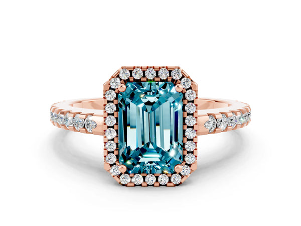 Rose gold Emerald Cut Blue Topaz Halo Engagement Ring with Pavé Band and Prong Setting