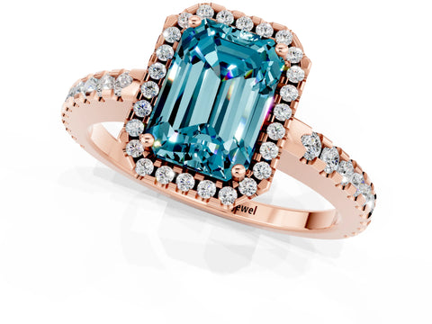 Rose gold Emerald Cut Blue Topaz Halo Engagement Ring with Pavé Band and Prong Setting_13