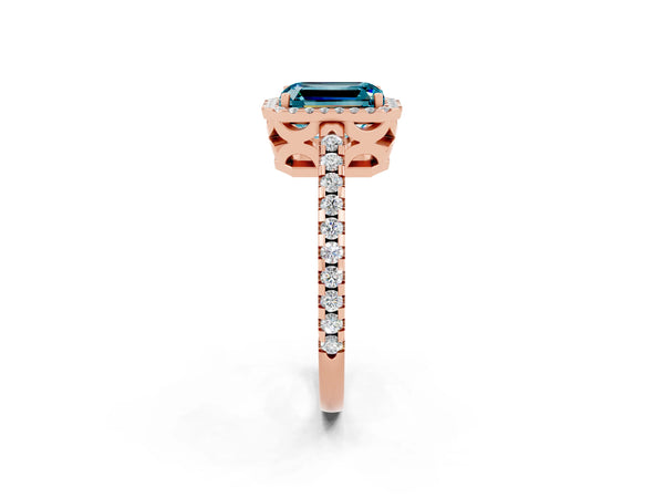 Rose gold Emerald Cut Blue Topaz Halo Engagement Ring with Pavé Band and Prong Setting