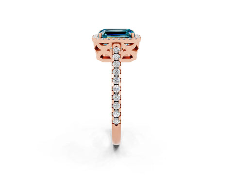 Rose gold Emerald Cut Blue Topaz Halo Engagement Ring with Pavé Band and Prong Setting_14