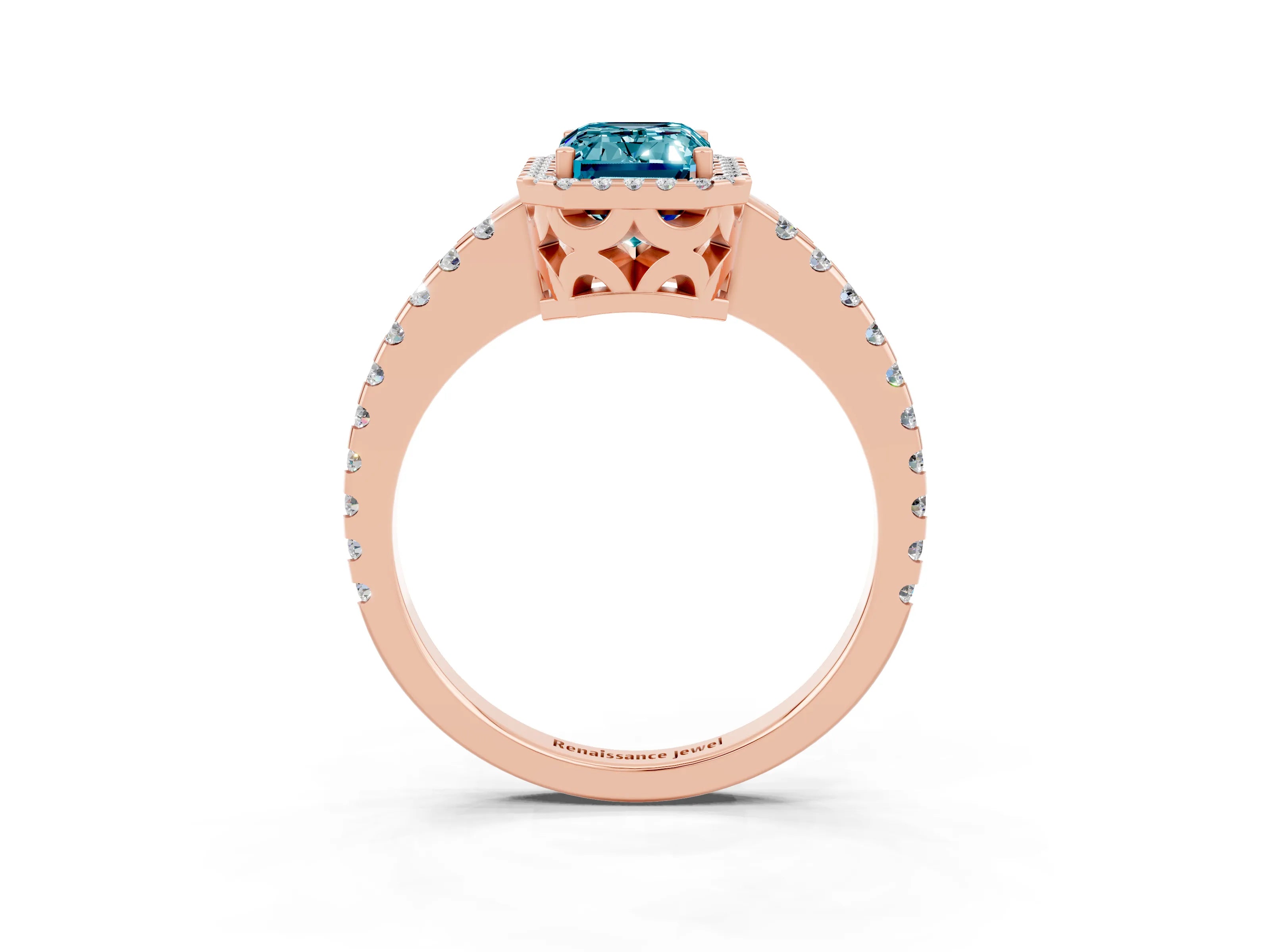 Rose gold Emerald Cut Blue Topaz Halo Engagement Ring with Pavé Band and Prong Setting_15