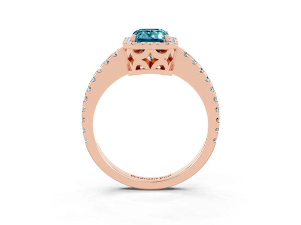 Rose gold Emerald Cut Blue Topaz Halo Engagement Ring with Pavé Band and Prong Setting