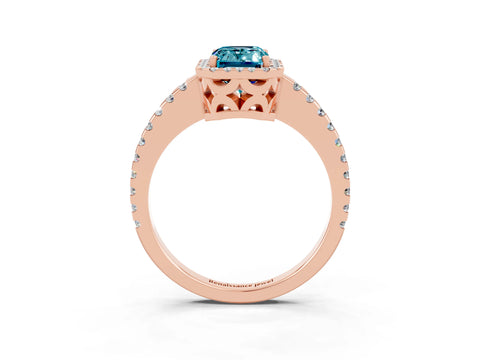 Rose gold Emerald Cut Blue Topaz Halo Engagement Ring with Pavé Band and Prong Setting_15
