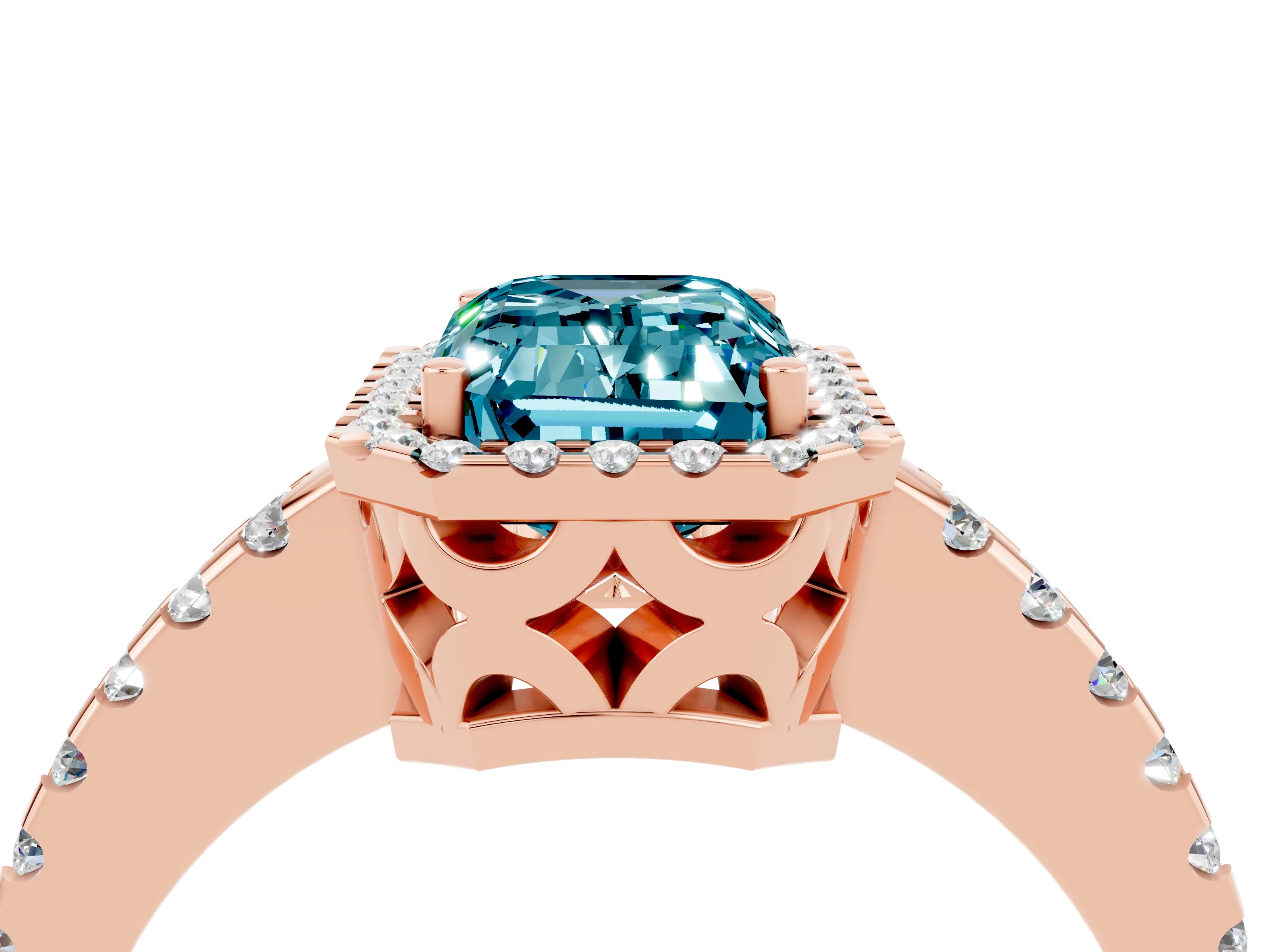 Rose gold Emerald Cut Blue Topaz Halo Engagement Ring with Pavé Band and Prong Setting_16