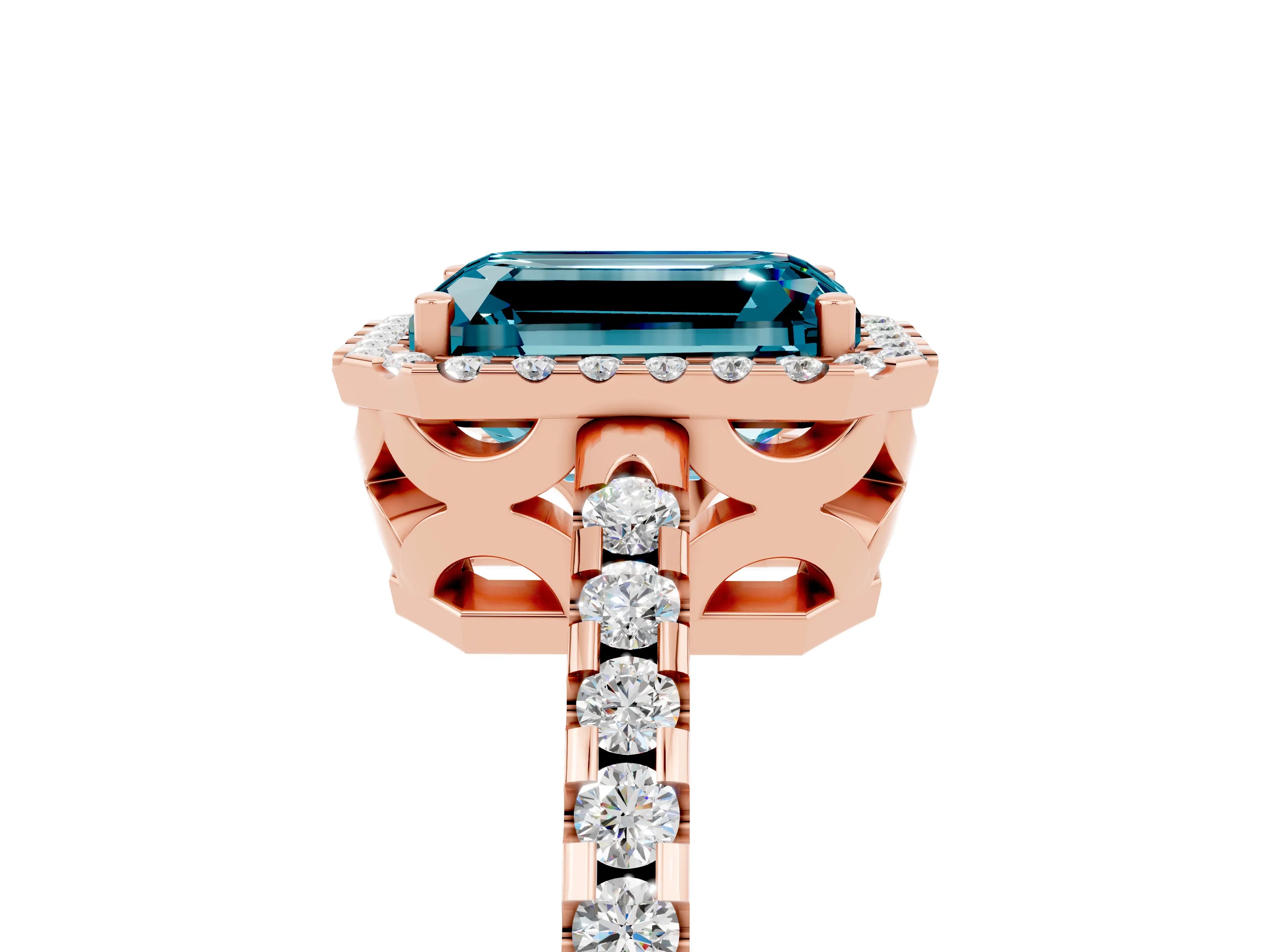 Rose gold Emerald Cut Blue Topaz Halo Engagement Ring with Pavé Band and Prong Setting_17