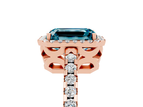 Rose gold Emerald Cut Blue Topaz Halo Engagement Ring with Pavé Band and Prong Setting_17