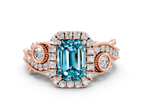 Rose gold Emerald Cut Blue Topaz Halo Ring with Milgrain Pavé Band and Four-Prong Setting