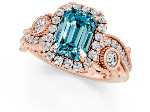 Rose gold Emerald Cut Blue Topaz Halo Ring with Milgrain Pavé Band and Four-Prong Setting_13