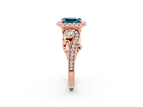 Rose gold Emerald Cut Blue Topaz Halo Ring with Milgrain Pavé Band and Four-Prong Setting_14