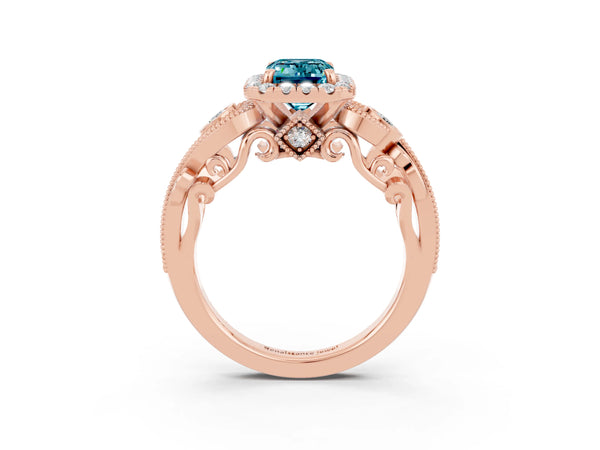 Rose gold Emerald Cut Blue Topaz Halo Ring with Milgrain Pavé Band and Four-Prong Setting