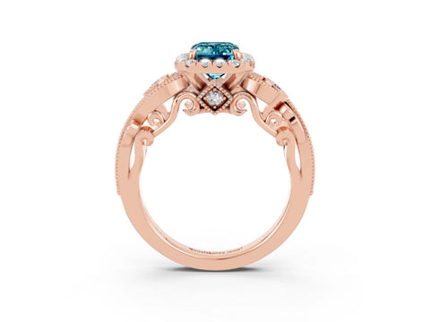 Rose gold Emerald Cut Blue Topaz Halo Ring with Milgrain Pavé Band and Four-Prong Setting_15