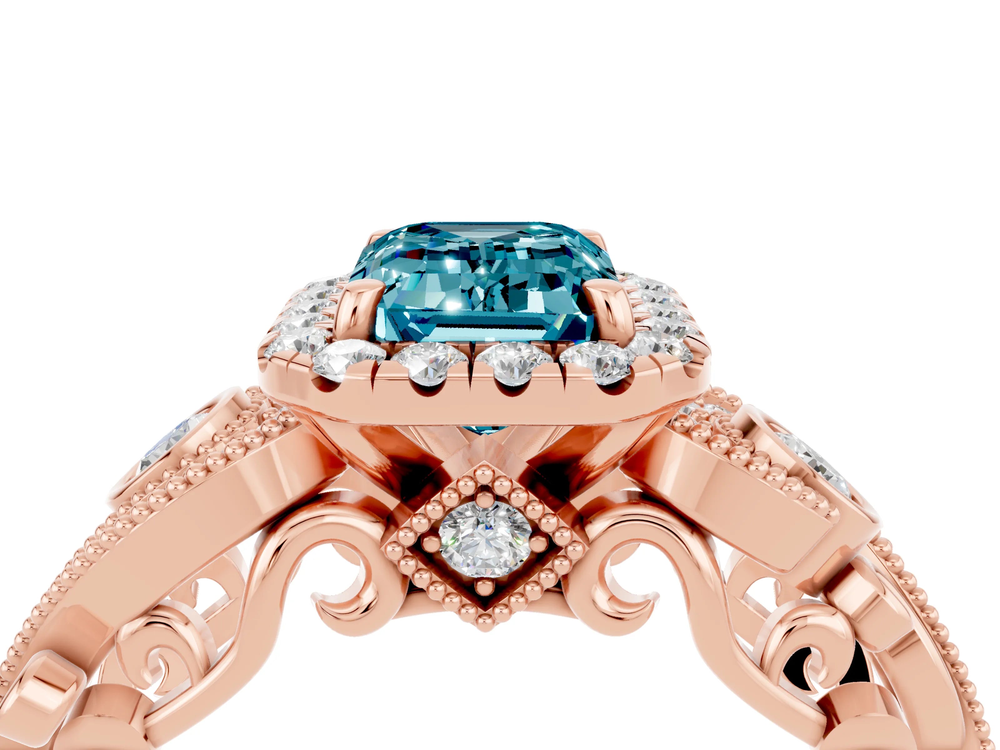 Rose gold Emerald Cut Blue Topaz Halo Ring with Milgrain Pavé Band and Four-Prong Setting_16