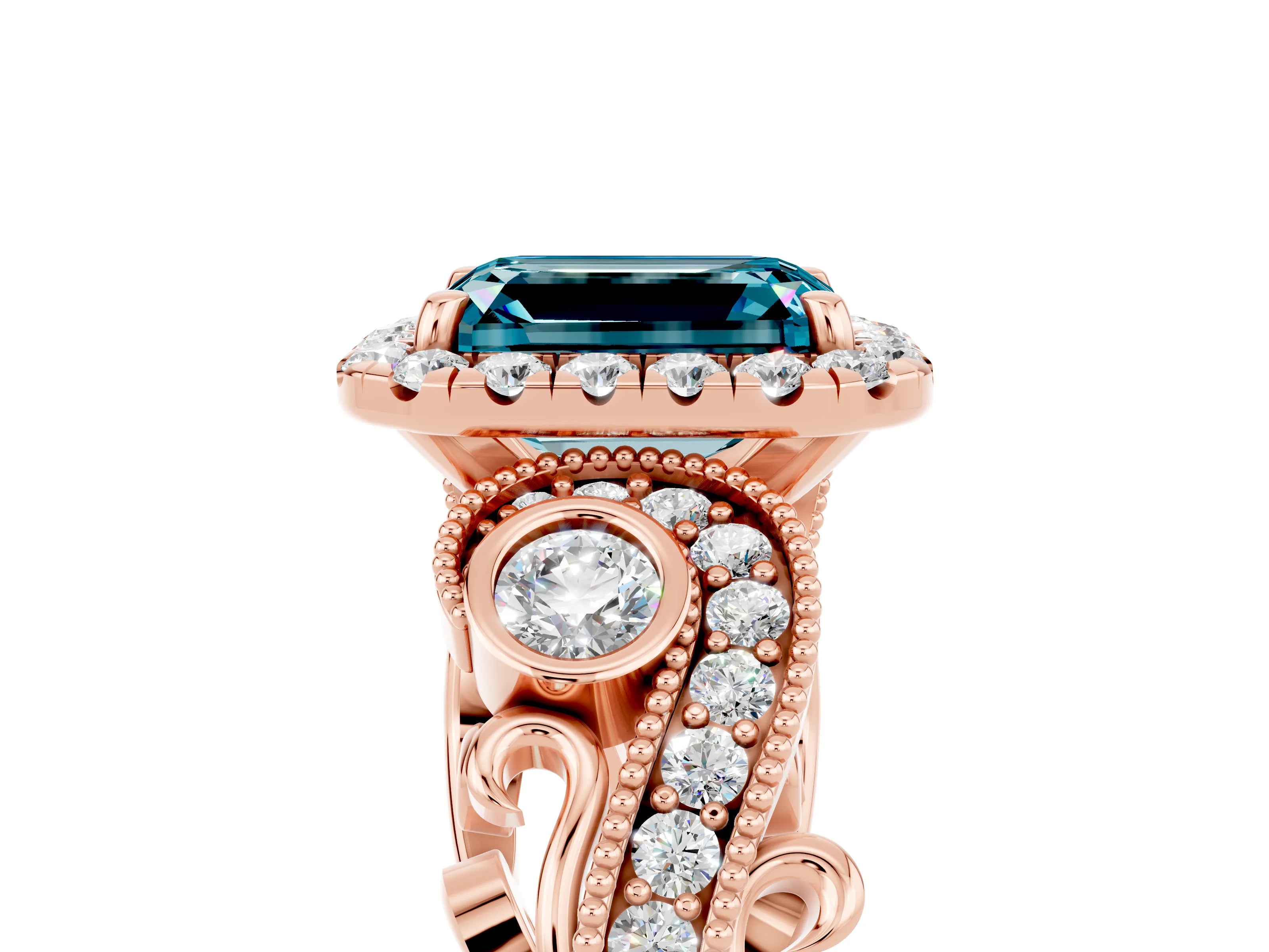 Rose gold Emerald Cut Blue Topaz Halo Ring with Milgrain Pavé Band and Four-Prong Setting_17