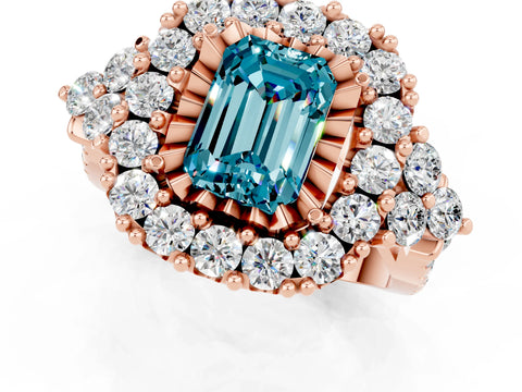 Rose gold Emerald Cut Blue Topaz Halo Ring with Pavé Band and Four-Prong Setting_13
