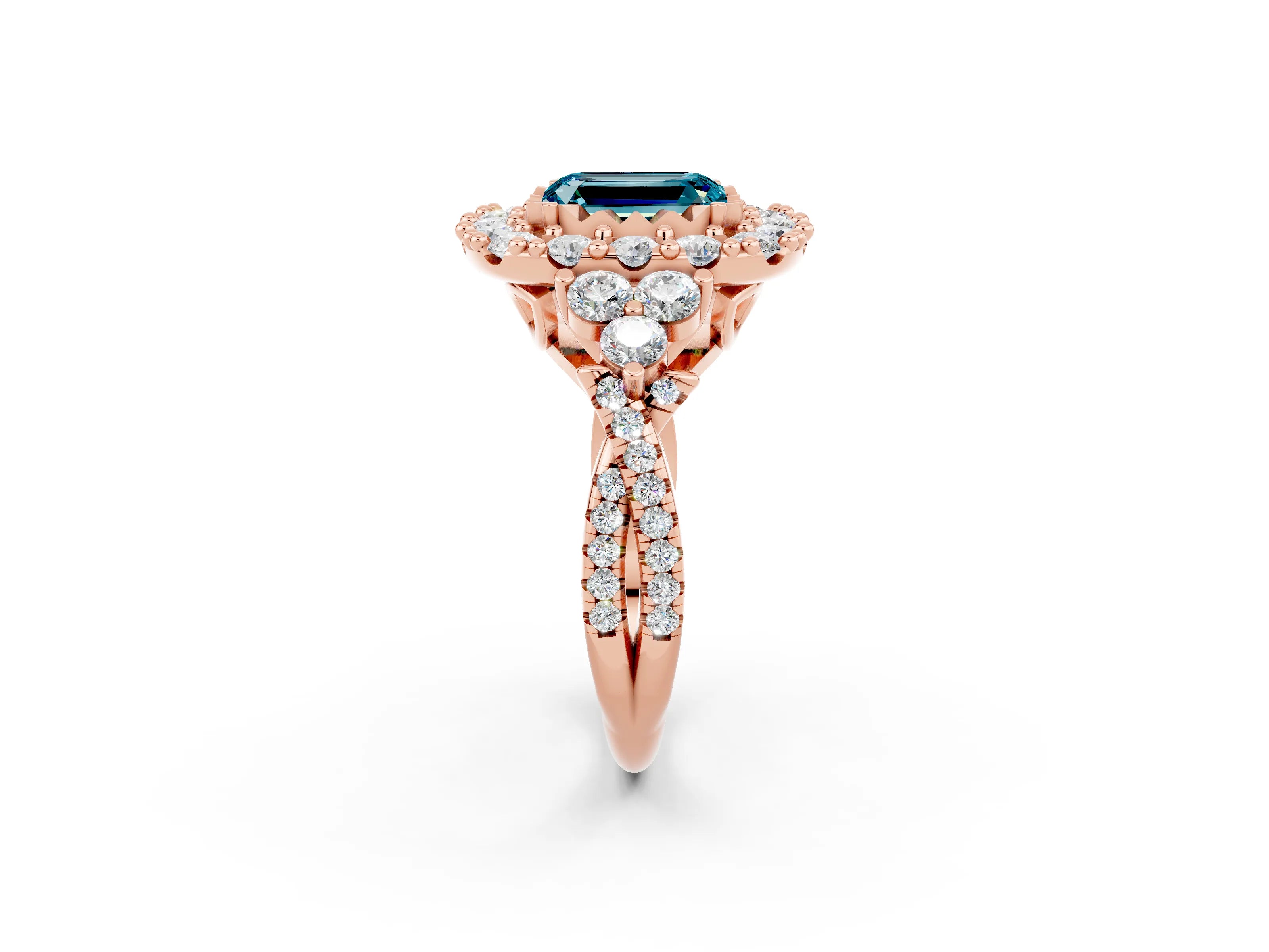 Rose gold Emerald Cut Blue Topaz Halo Ring with Pavé Band and Four-Prong Setting_14