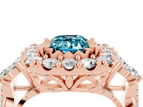 Rose gold Emerald Cut Blue Topaz Halo Ring with Pavé Band and Four-Prong Setting_16