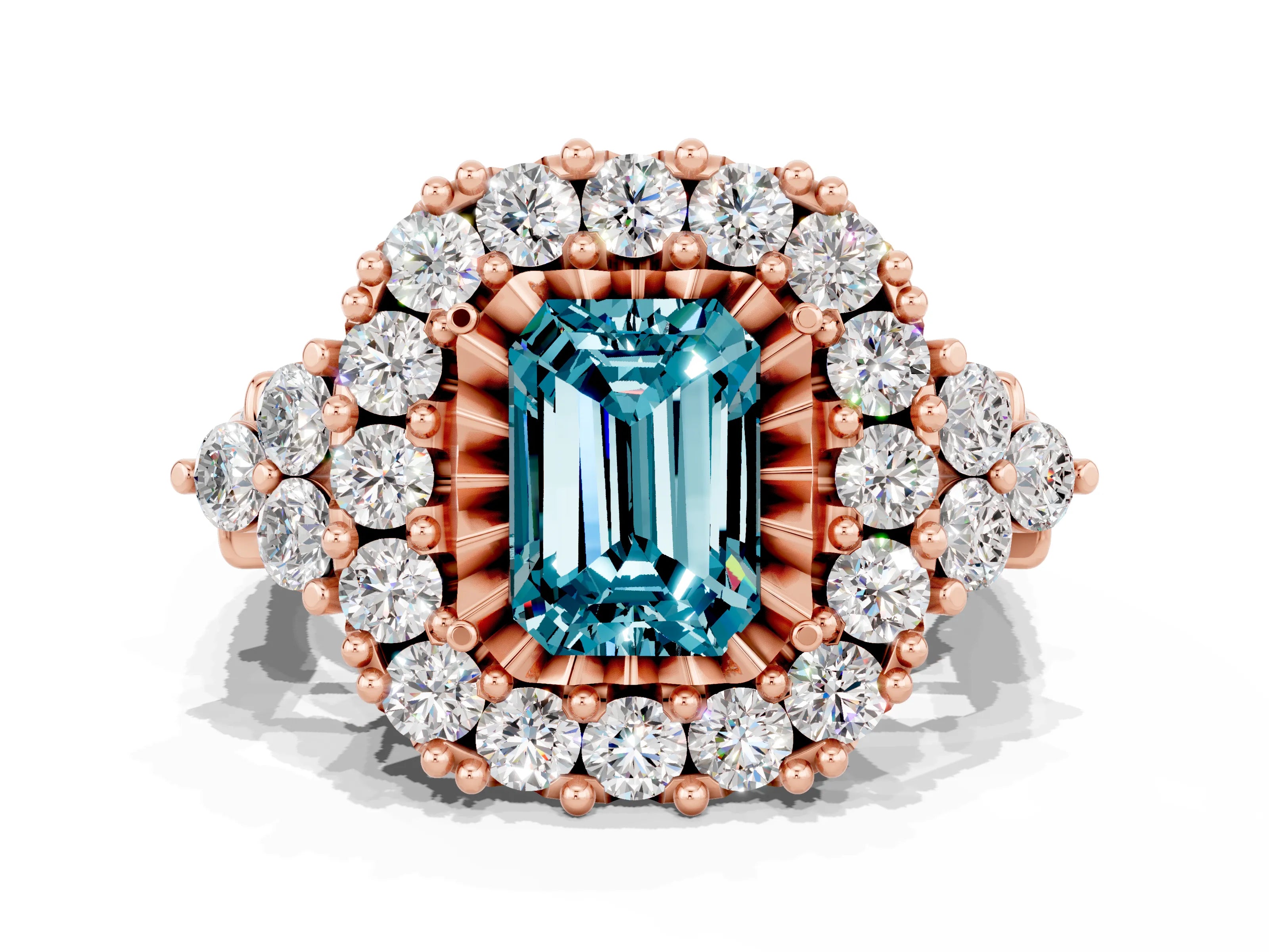 Rose gold Emerald Cut Blue Topaz Halo Ring with Pavé Band and Four-Prong Setting_19