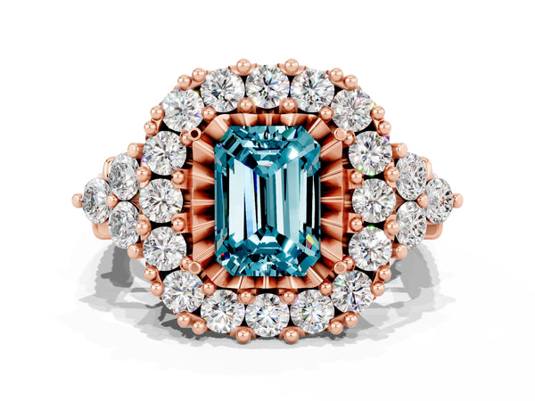 Rose gold Emerald Cut Blue Topaz Halo Ring with Pavé Band and Four-Prong Setting