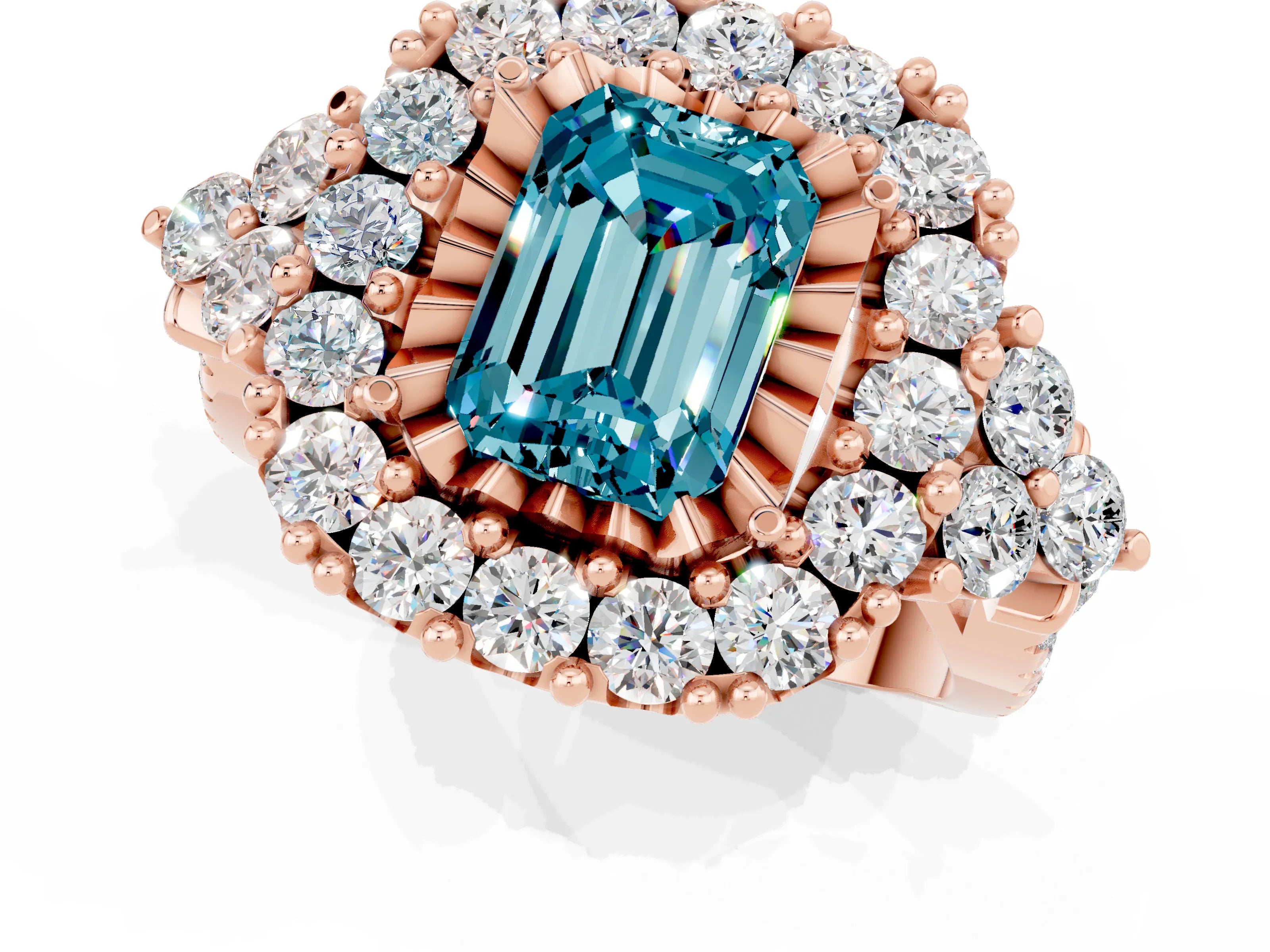 Rose gold Emerald Cut Blue Topaz Halo Ring with Pavé Band and Four-Prong Setting_20