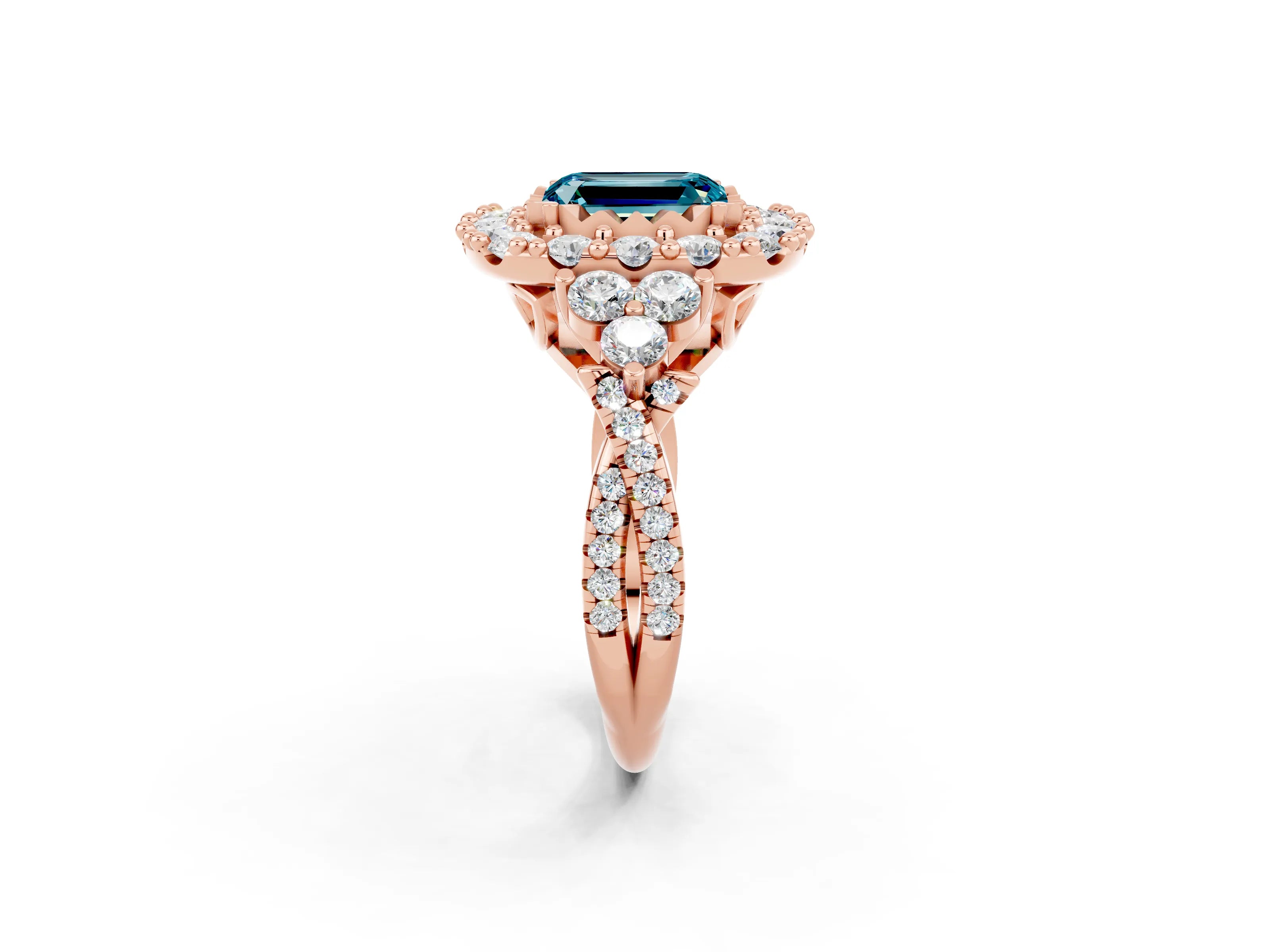Rose gold Emerald Cut Blue Topaz Halo Ring with Pavé Band and Four-Prong Setting_21