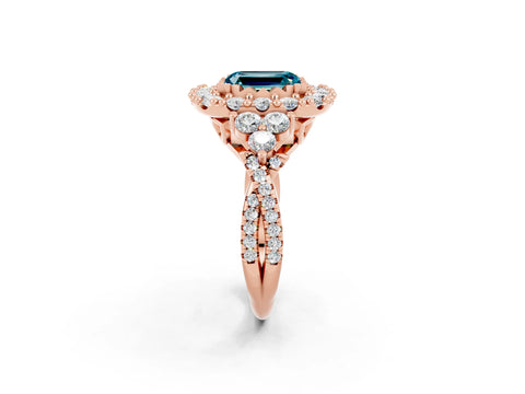 Rose gold Emerald Cut Blue Topaz Halo Ring with Pavé Band and Four-Prong Setting_21