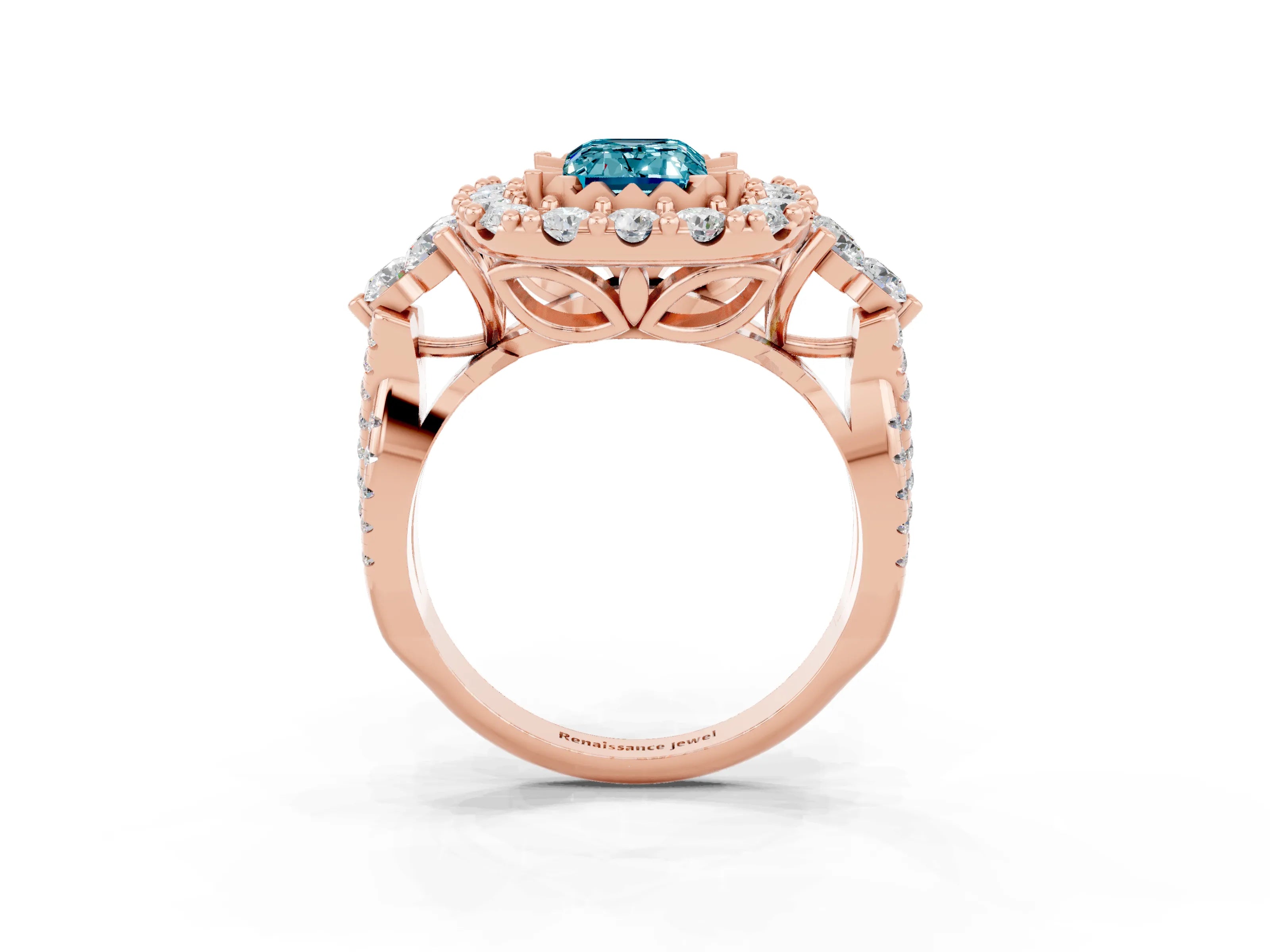 Rose gold Emerald Cut Blue Topaz Halo Ring with Pavé Band and Four-Prong Setting_22