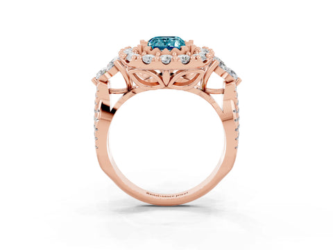 Rose gold Emerald Cut Blue Topaz Halo Ring with Pavé Band and Four-Prong Setting_22