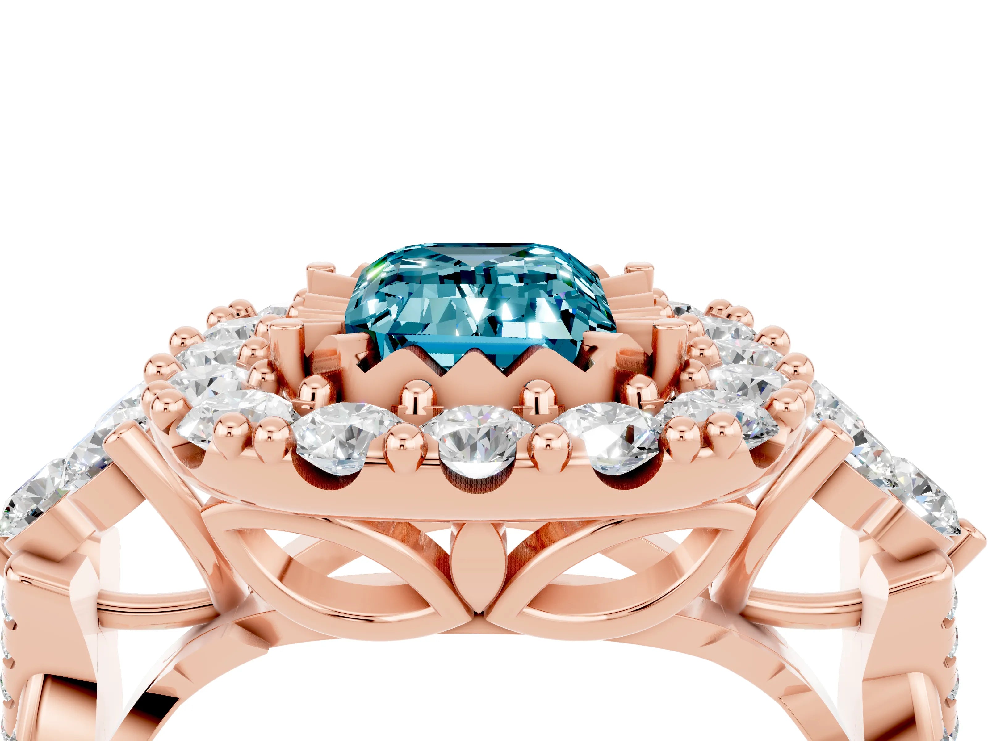Rose gold Emerald Cut Blue Topaz Halo Ring with Pavé Band and Four-Prong Setting_23
