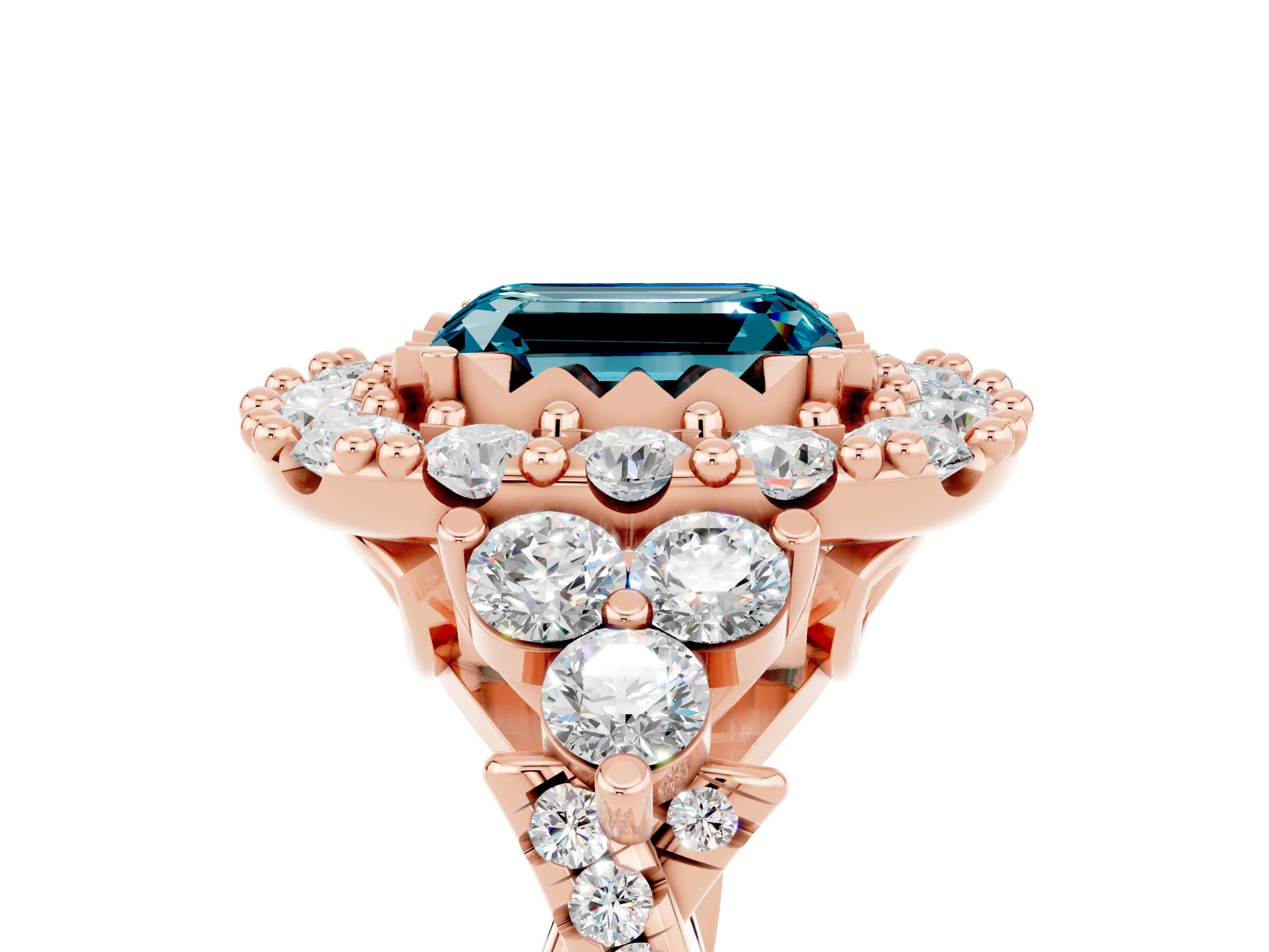 Rose gold Emerald Cut Blue Topaz Halo Ring with Pavé Band and Four-Prong Setting_24