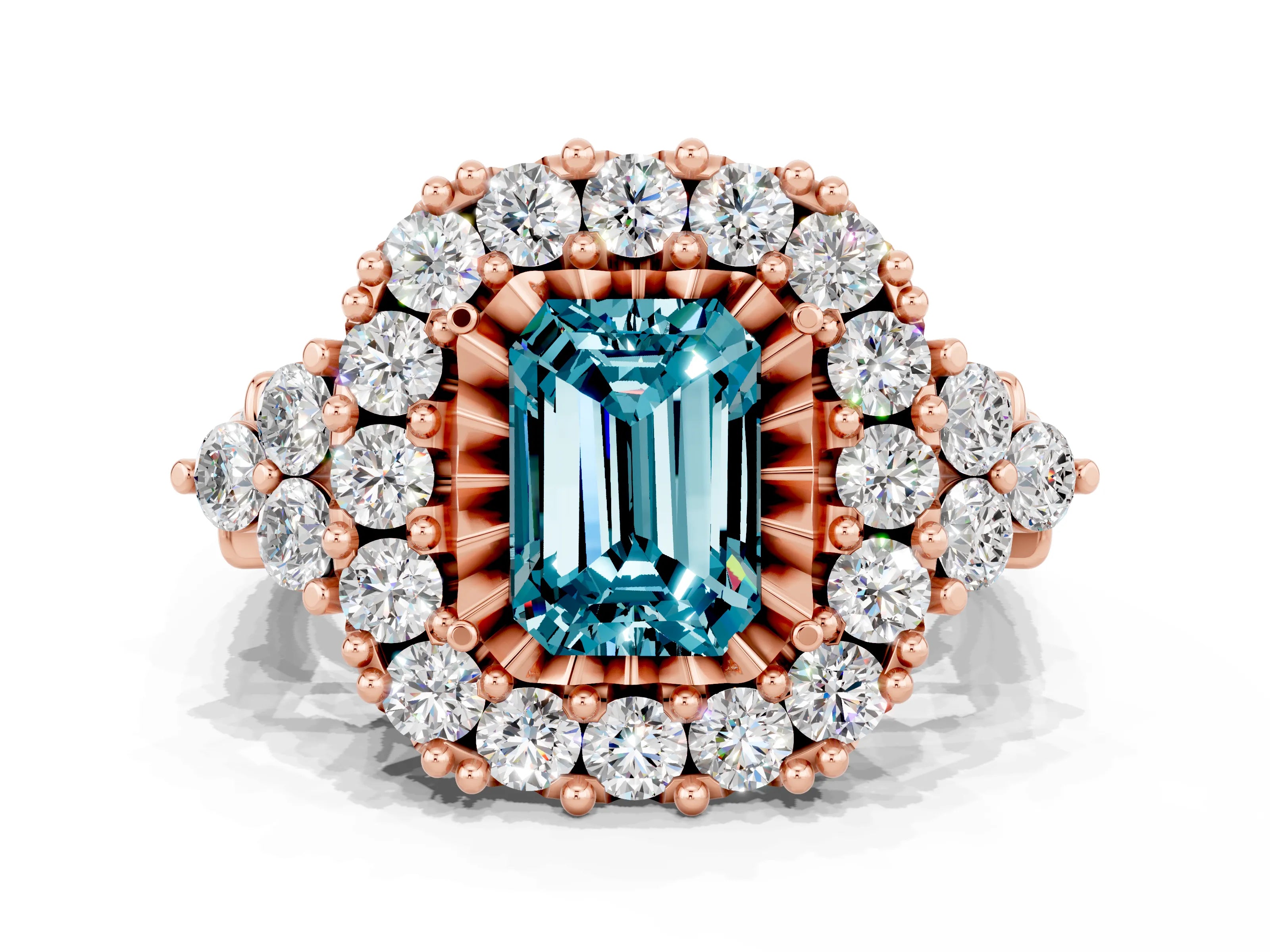 Rose gold Emerald Cut Blue Topaz Halo Ring with Pavé Band and Four-Prong Setting_34