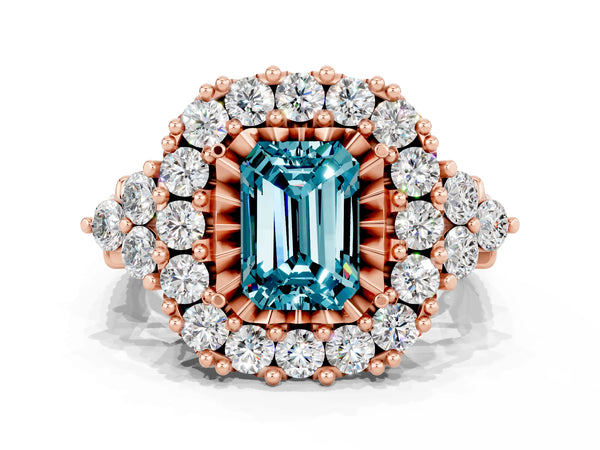Rose gold Emerald Cut Blue Topaz Halo Ring with Pavé Band and Four-Prong Setting