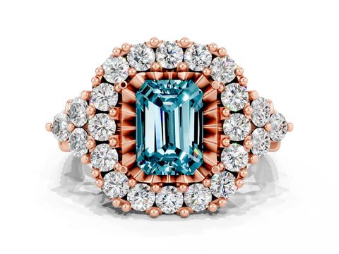 Rose gold Emerald Cut Blue Topaz Halo Ring with Pavé Band and Four-Prong Setting_34