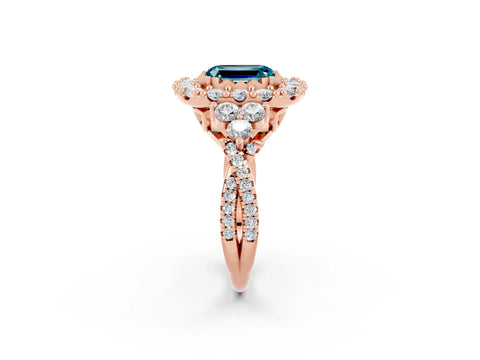 Rose gold Emerald Cut Blue Topaz Halo Ring with Pavé Band and Four-Prong Setting_36