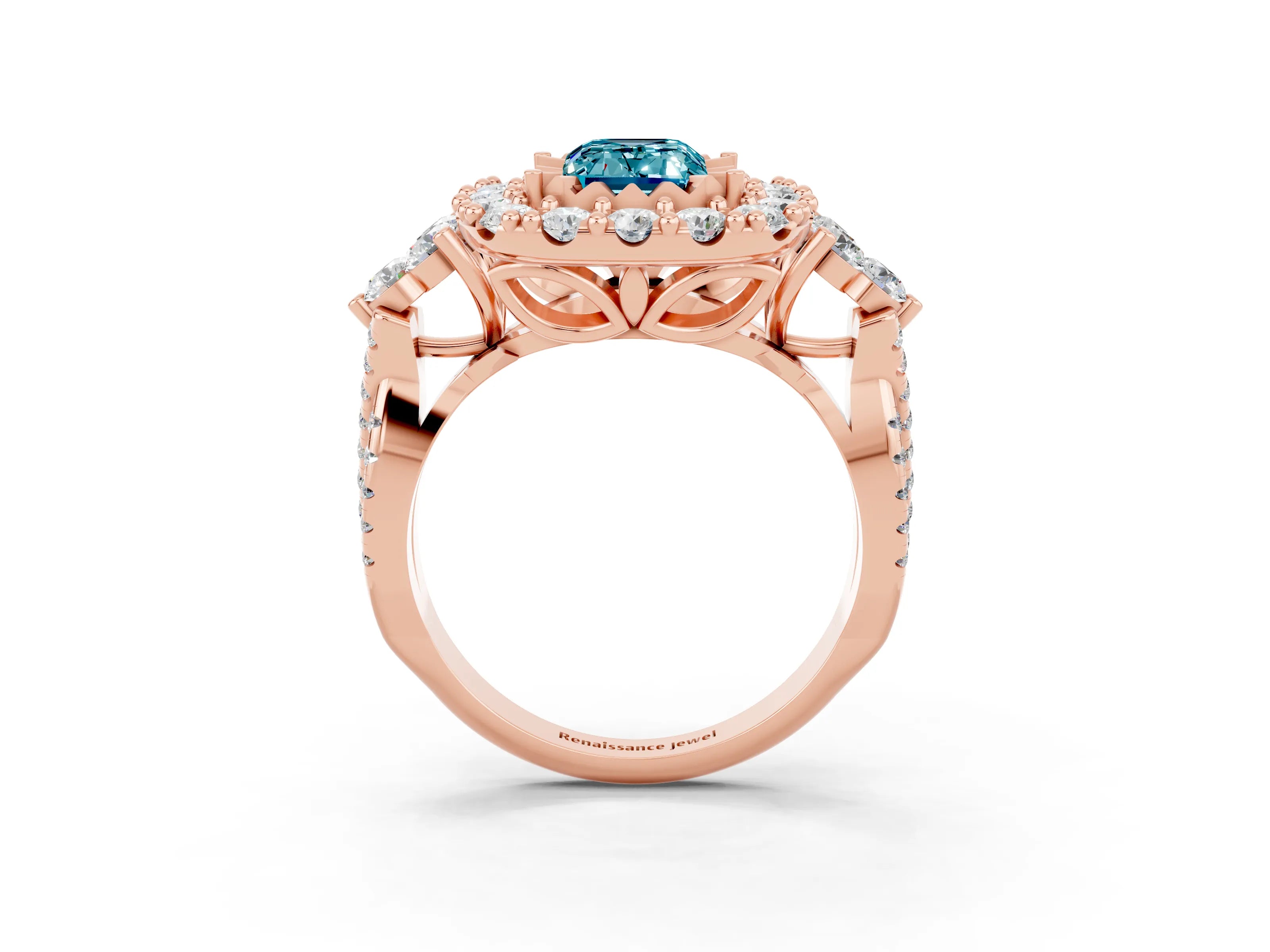 Rose gold Emerald Cut Blue Topaz Halo Ring with Pavé Band and Four-Prong Setting_37