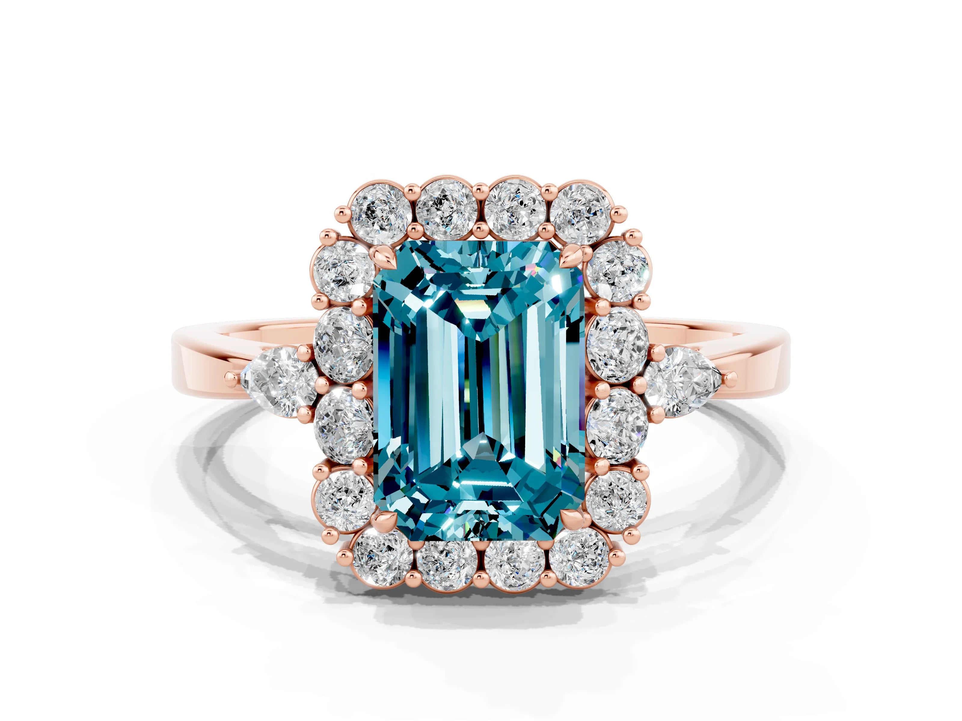Rose gold Emerald Cut Blue Topaz Halo Ring with Pear Side Stones and Prong Setting_12