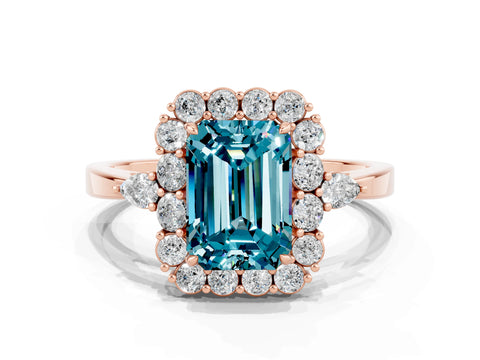 Rose gold Emerald Cut Blue Topaz Halo Ring with Pear Side Stones and Prong Setting_12