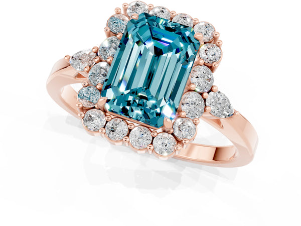 Rose gold Emerald Cut Blue Topaz Halo Ring with Pear Side Stones and Prong Setting