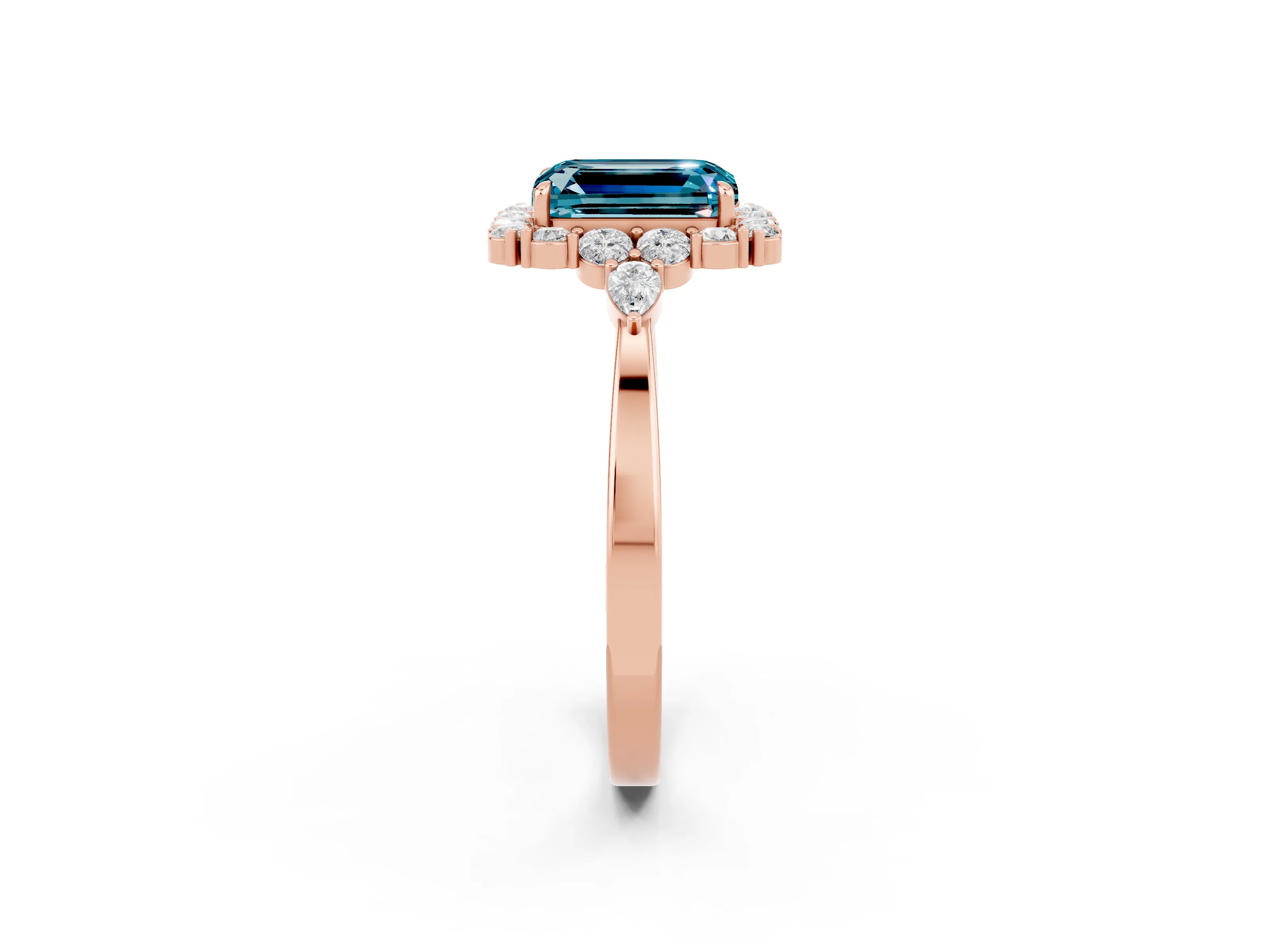Rose gold Emerald Cut Blue Topaz Halo Ring with Pear Side Stones and Prong Setting_14