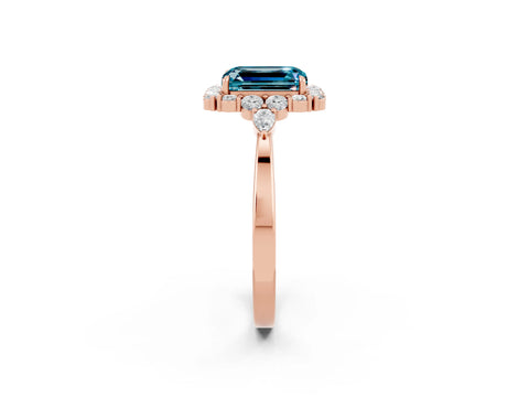 Rose gold Emerald Cut Blue Topaz Halo Ring with Pear Side Stones and Prong Setting_14