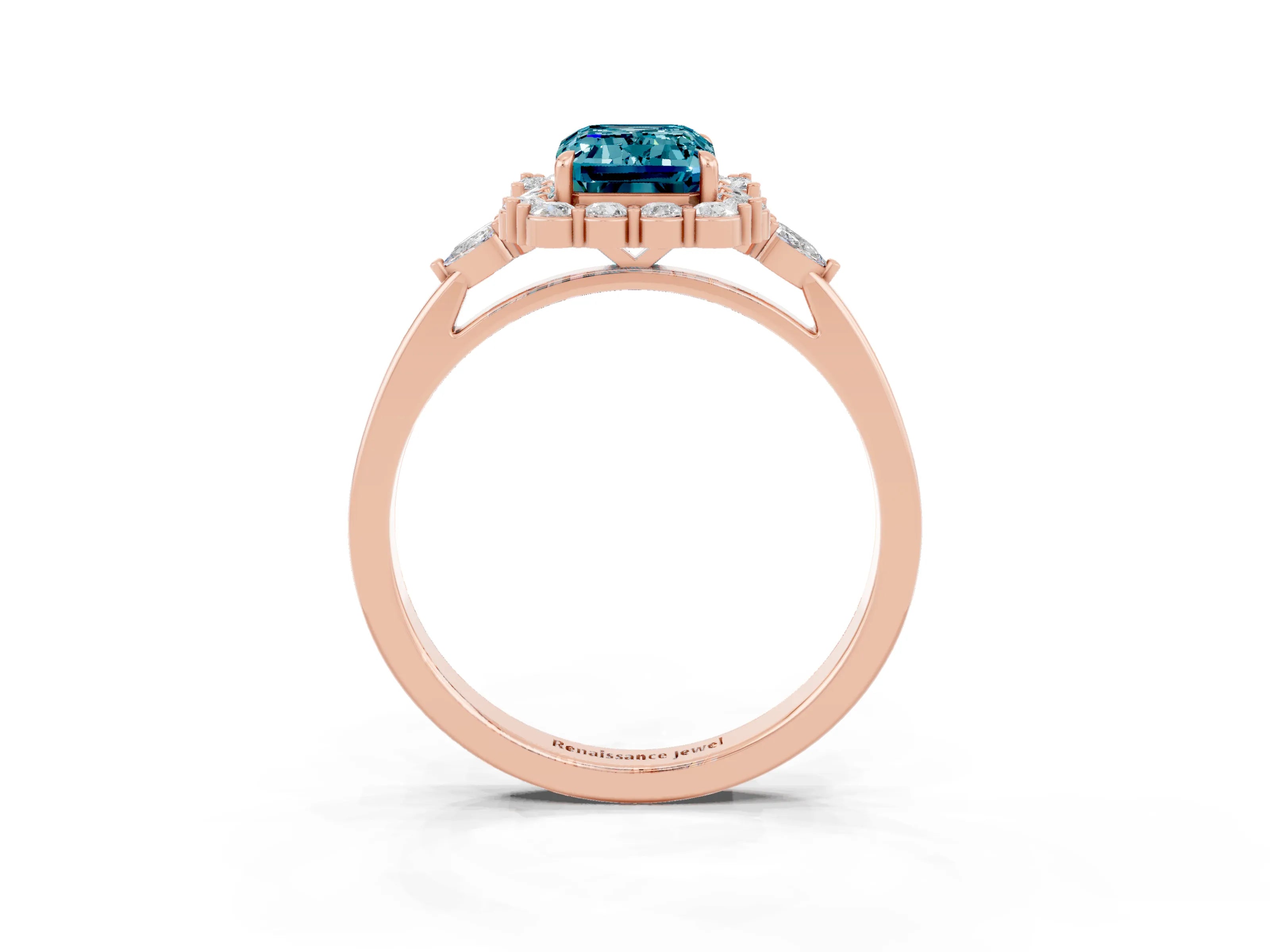 Rose gold Emerald Cut Blue Topaz Halo Ring with Pear Side Stones and Prong Setting_15