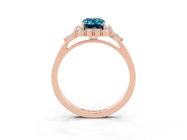Rose gold Emerald Cut Blue Topaz Halo Ring with Pear Side Stones and Prong Setting