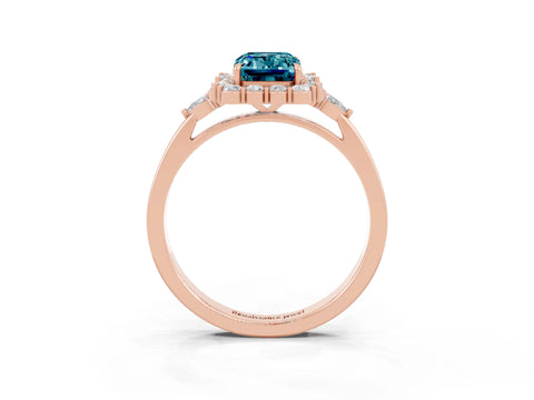 Rose gold Emerald Cut Blue Topaz Halo Ring with Pear Side Stones and Prong Setting_15