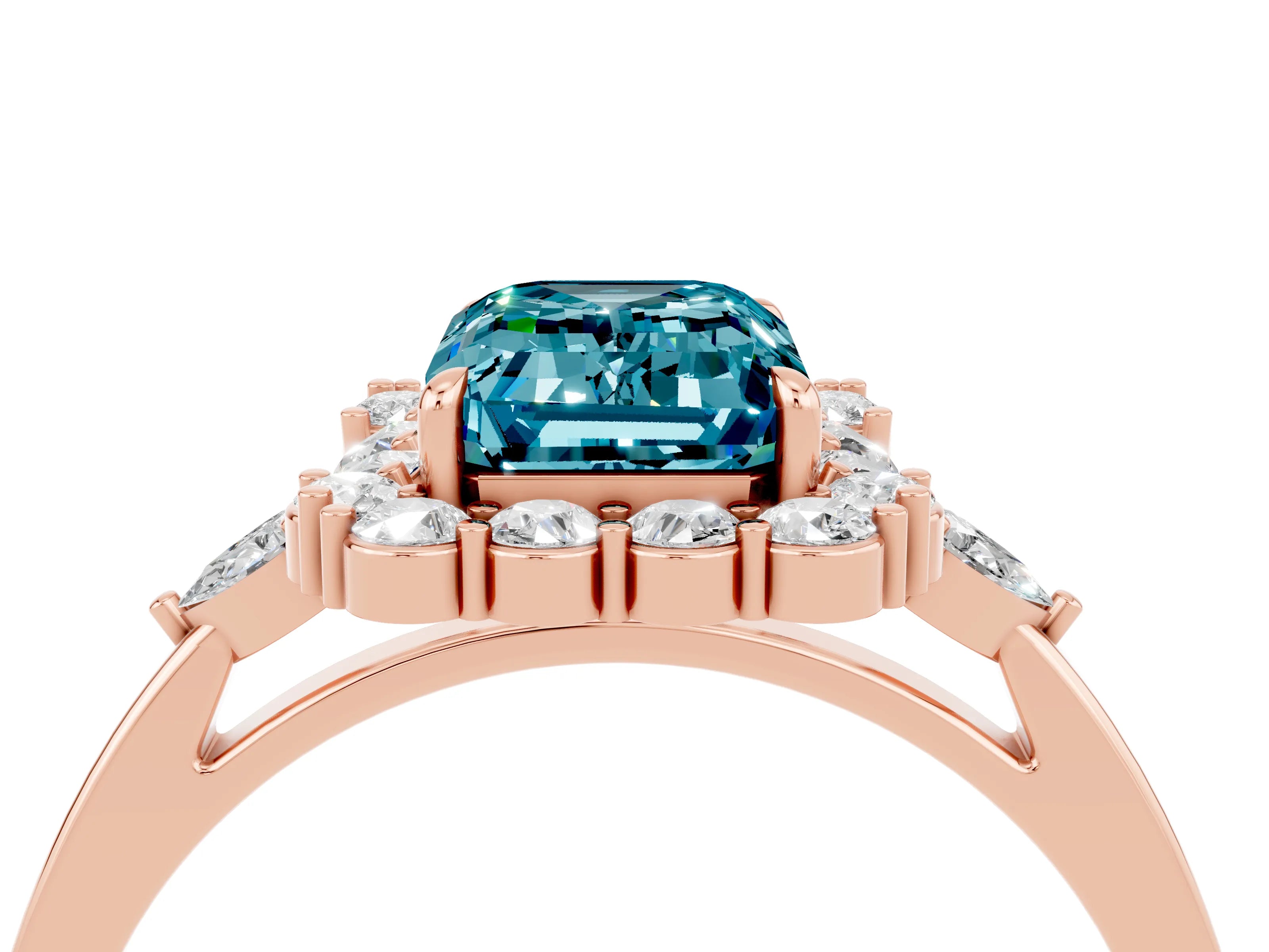 Rose gold Emerald Cut Blue Topaz Halo Ring with Pear Side Stones and Prong Setting_16