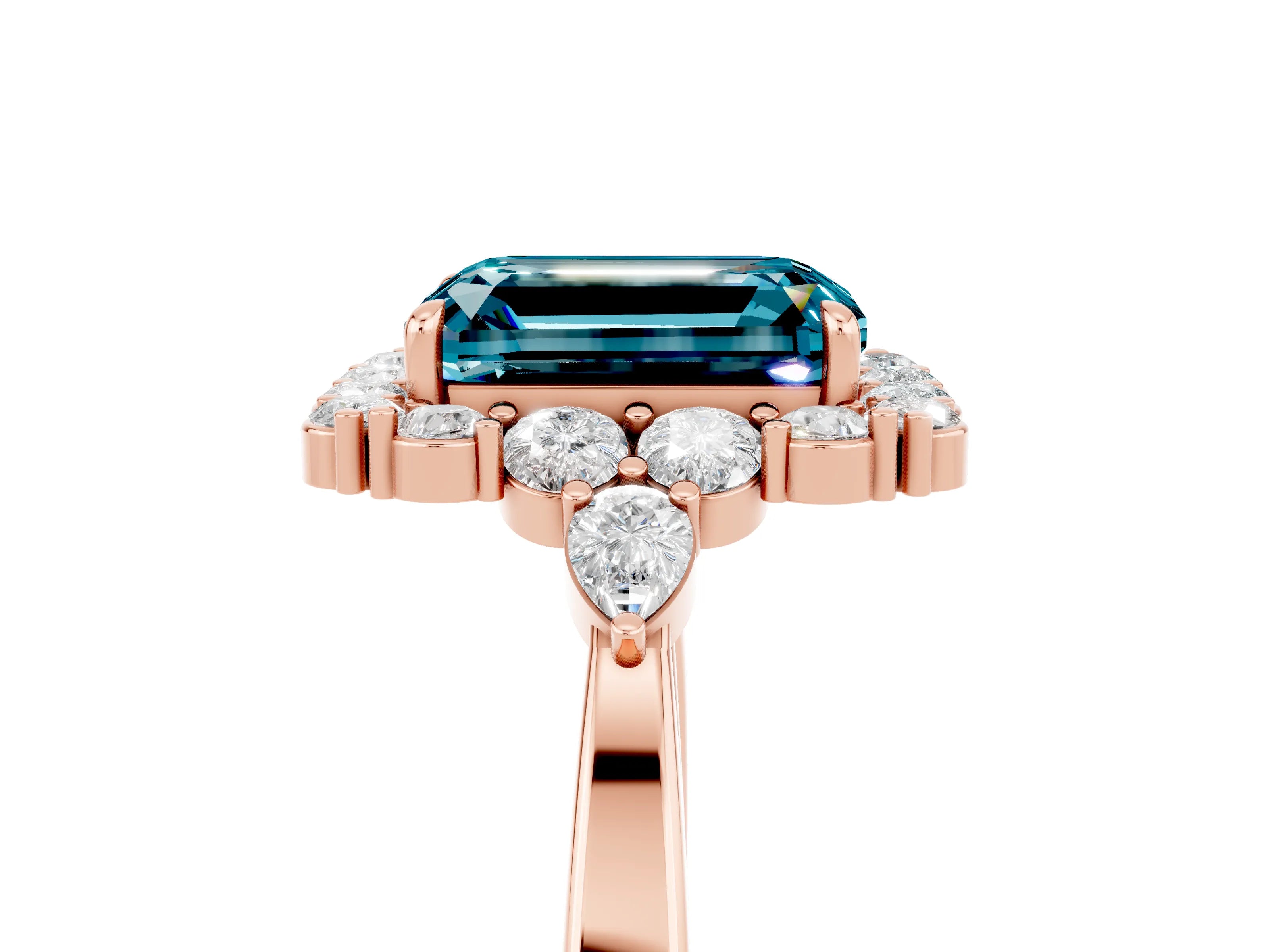 Rose gold Emerald Cut Blue Topaz Halo Ring with Pear Side Stones and Prong Setting_17