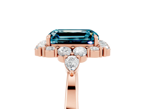 Rose gold Emerald Cut Blue Topaz Halo Ring with Pear Side Stones and Prong Setting_17