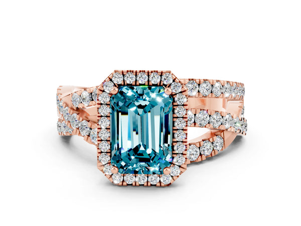 Rose gold Emerald Cut Blue Topaz Halo Ring with Round Split Shank and Prong Setting