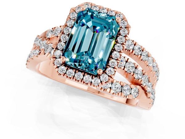 Rose gold Emerald Cut Blue Topaz Halo Ring with Round Split Shank and Prong Setting
