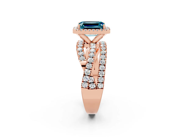 Rose gold Emerald Cut Blue Topaz Halo Ring with Round Split Shank and Prong Setting