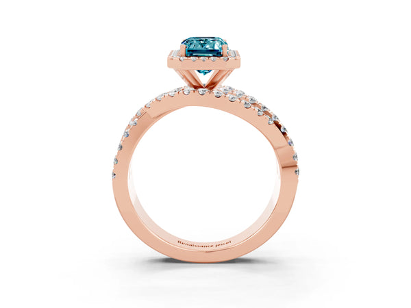Rose gold Emerald Cut Blue Topaz Halo Ring with Round Split Shank and Prong Setting