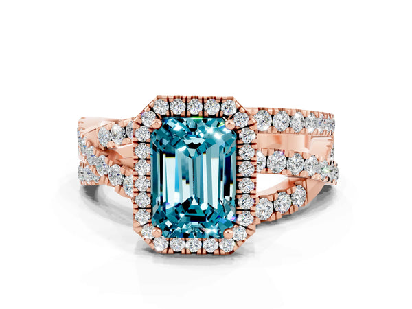 Rose gold Emerald Cut Blue Topaz Halo Ring with Round Split Shank and Prong Setting